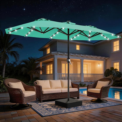 SUNGUARD UMBRELLAS 13 ft Solar LED Double-Sided Patio Umbrella, 6.5 x 13 ft Rectangular Canopy with Crank - Cerulean / 6.5x13 Ft