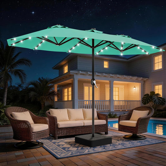 SUNGUARD UMBRELLAS 13 ft Solar LED Double-Sided Patio Umbrella, 6.5 x 13 ft Rectangular Canopy with Crank - Cerulean / 6.5x13 Ft