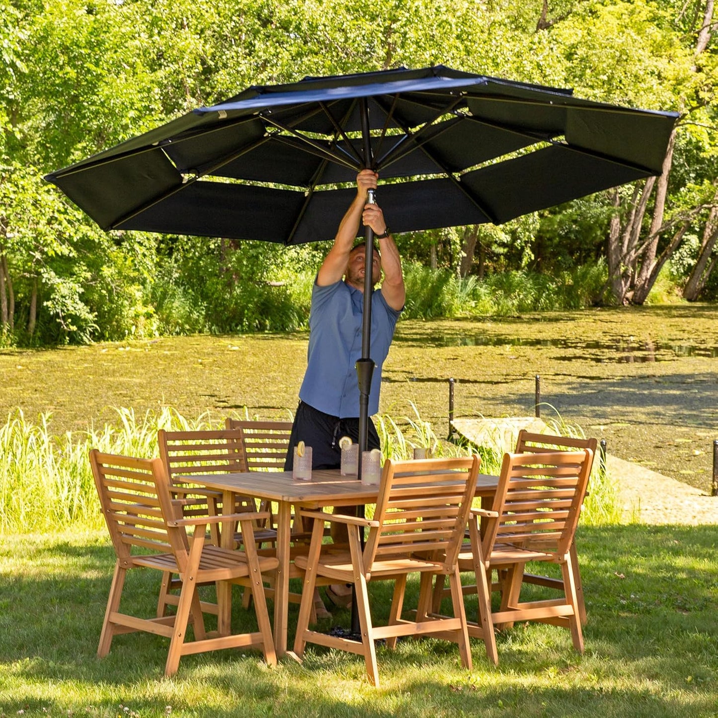 SUNGUARD UMBRELLAS 10 ft 3-Tier Solar LED Patio Umbrella, Vented Polyester Market Umbrella with Crank Tilt