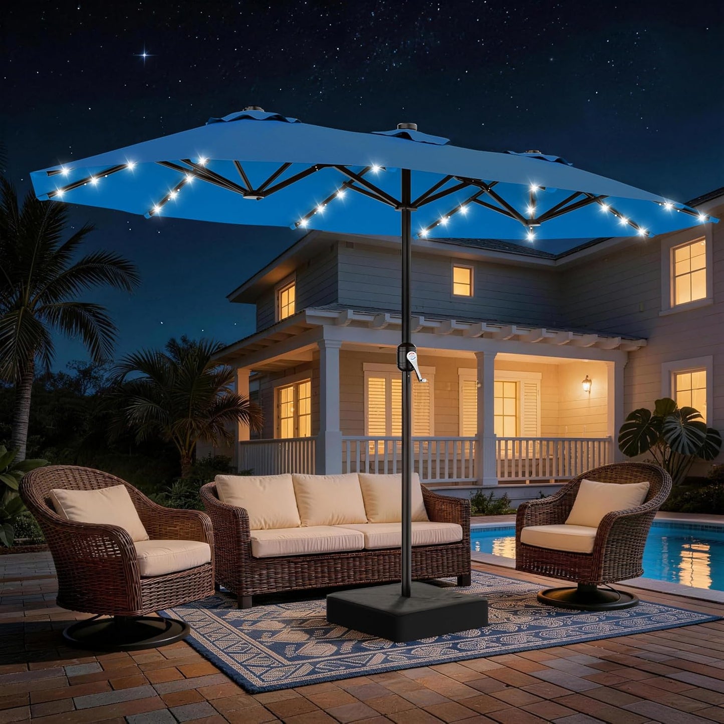SUNGUARD UMBRELLAS 13 ft Solar LED Double-Sided Patio Umbrella, 6.5 x 13 ft Rectangular Canopy with Crank
