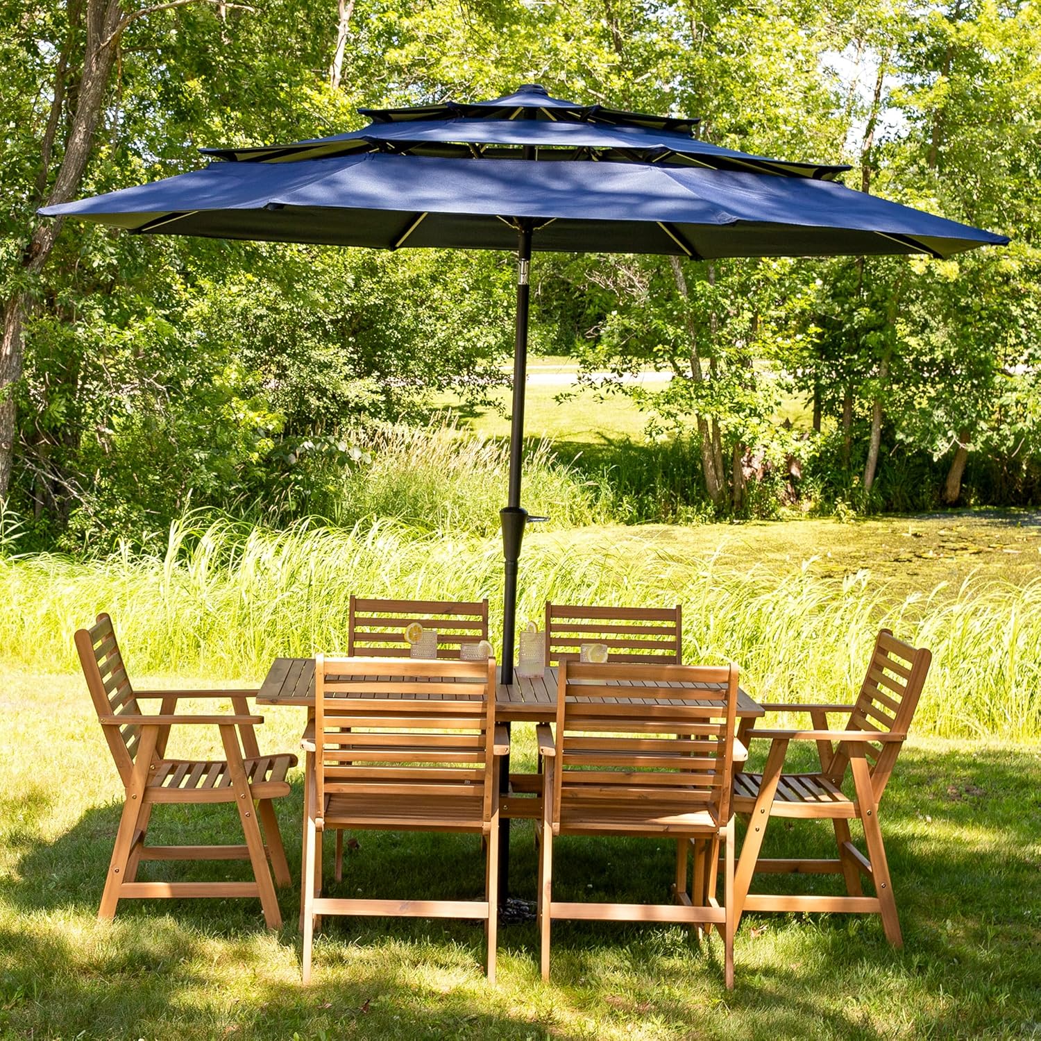 SUNGUARD UMBRELLAS 10 ft 3-Tier Solar LED Patio Umbrella, Vented Polyester Market Umbrella with Crank Tilt