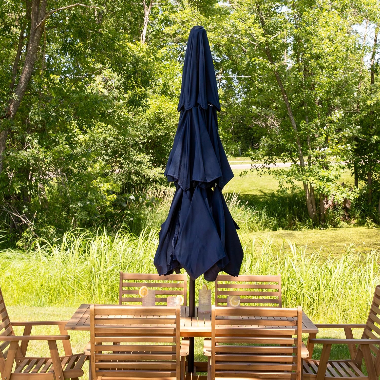 SUNGUARD UMBRELLAS 10 ft 3-Tier Solar LED Patio Umbrella, Vented Polyester Market Umbrella with Crank Tilt