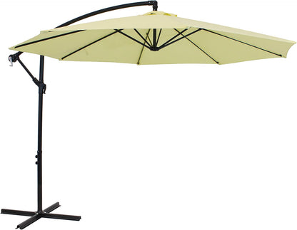 Beige patio umbrella with a black stand on a white background