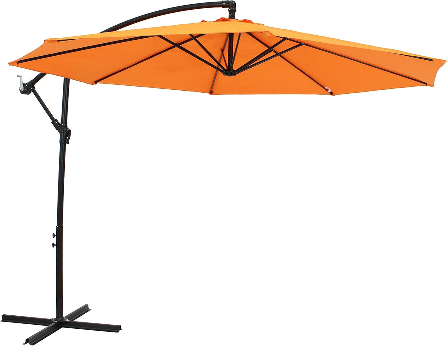 Orange patio umbrella with a black stand on a white background
