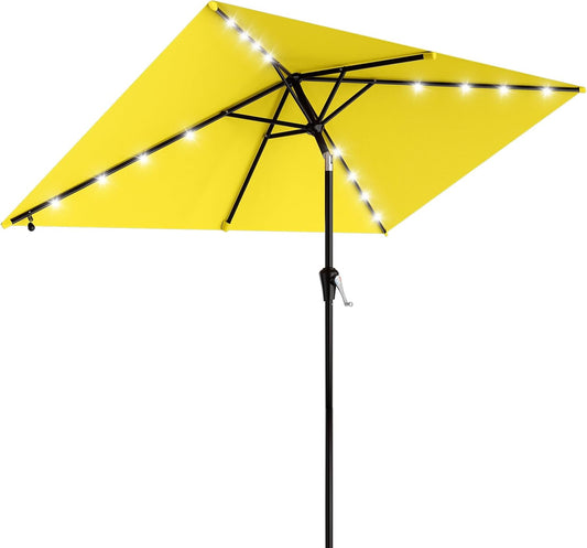 Rectangular Solar LED Patio Umbrella, 16-Light Vented Canopy with Crank Tilt - Yellow / 6.5 X 10 Ft