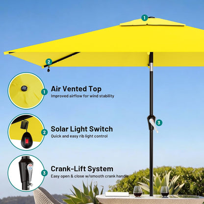 Rectangular Solar LED Patio Umbrella, 16-Light Vented Canopy with Crank Tilt - Red / 8 X 10 Ft