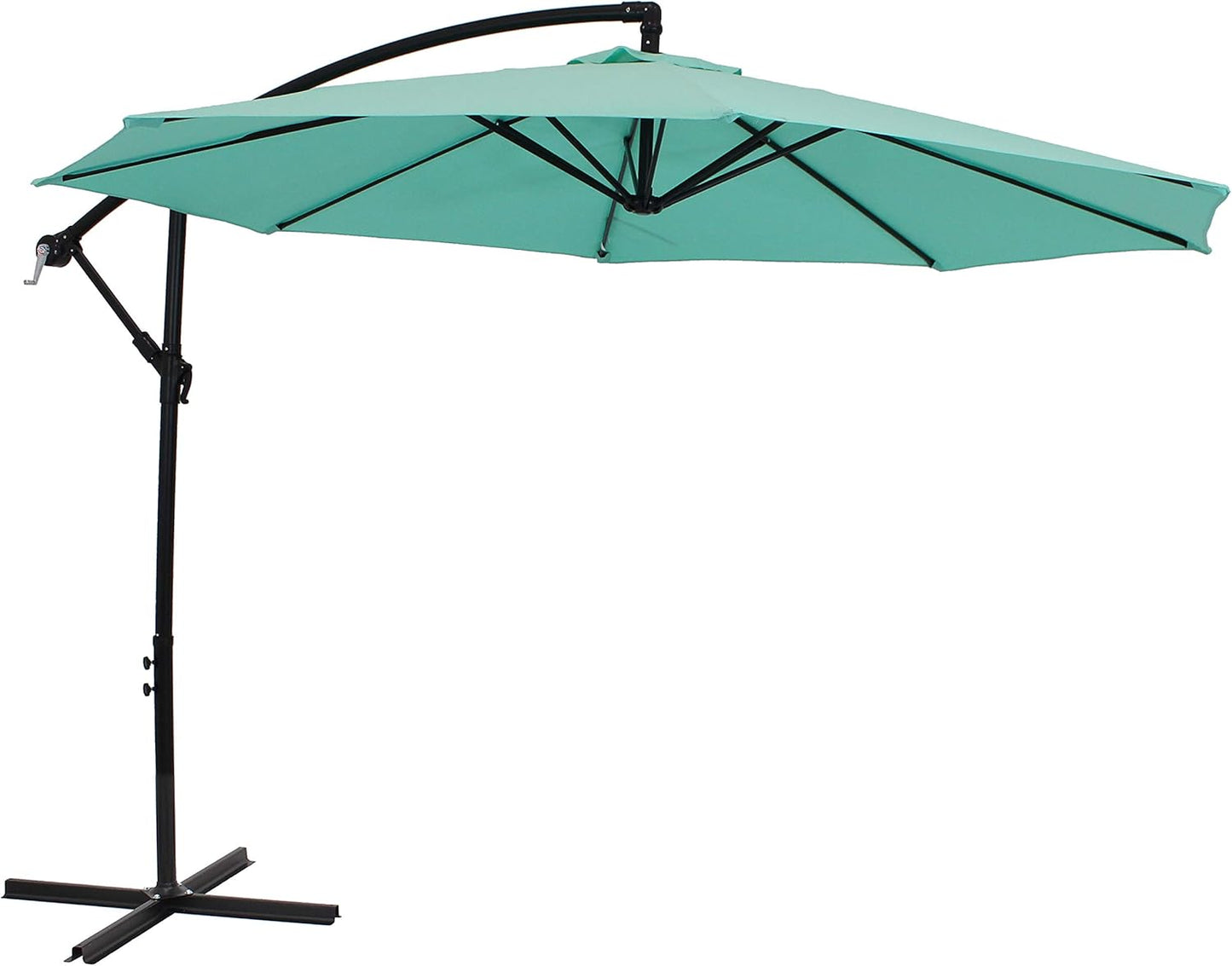 Turquoise patio umbrella with black stand on a white background