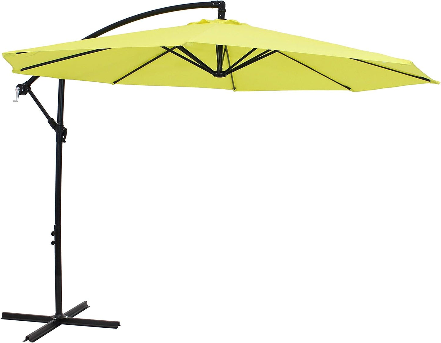 Yellow patio umbrella with a black stand on a white background